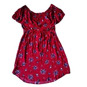 Knox Rose Red Floral Off Shoulder Drawstring Waist Peasant Dress Womens Size XL